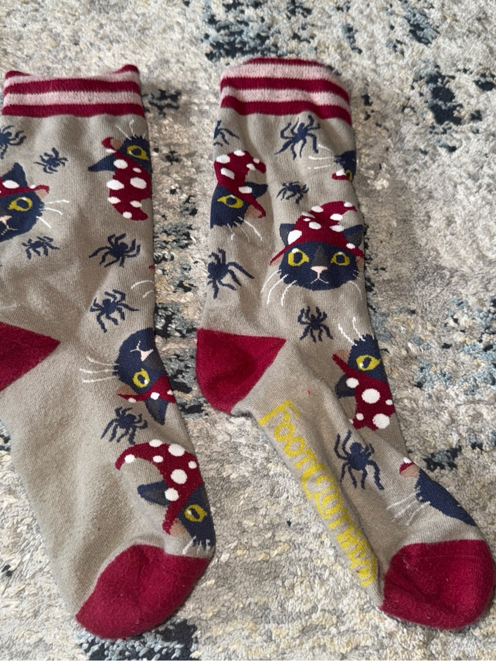Gray Cat Print Crew Socks with Burgundy Accents